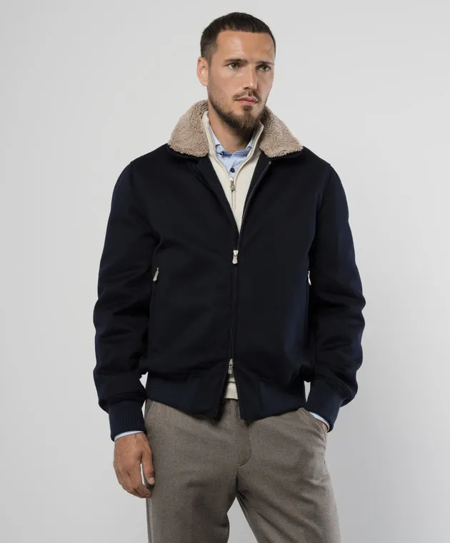 Brunello Cucinelli Blue cashmere jacket with fur