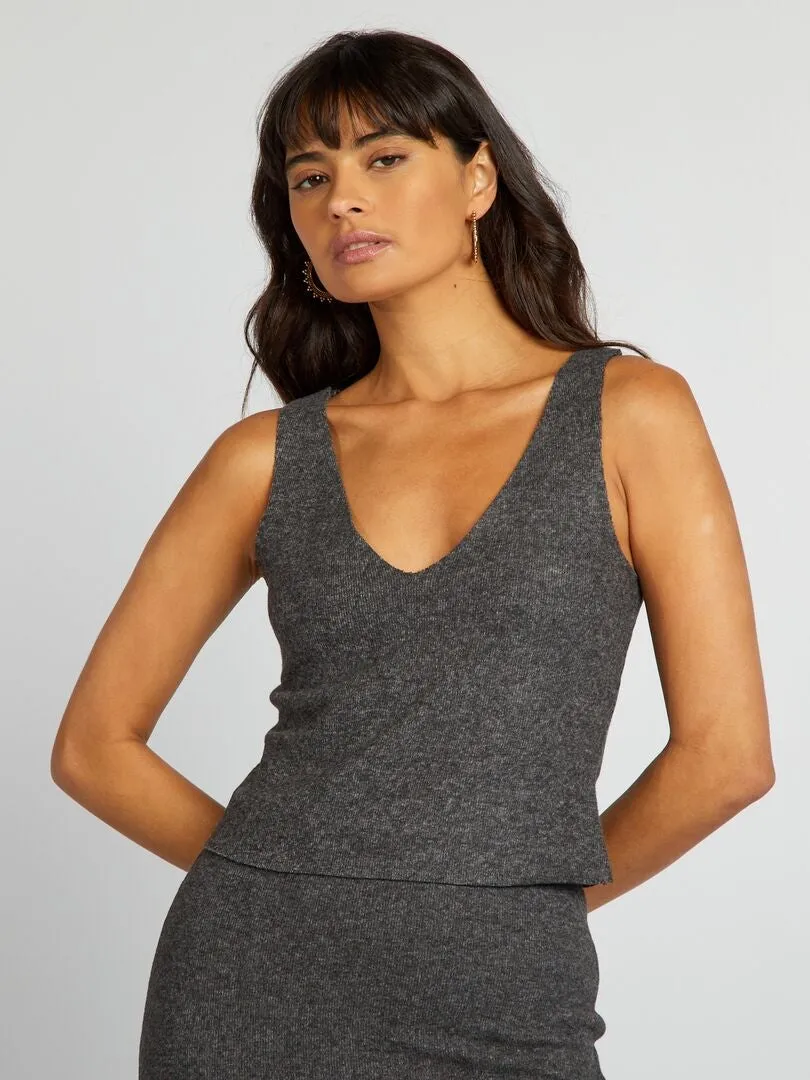 Camiseta de tirantes de punto con cuello de pico - GRIS