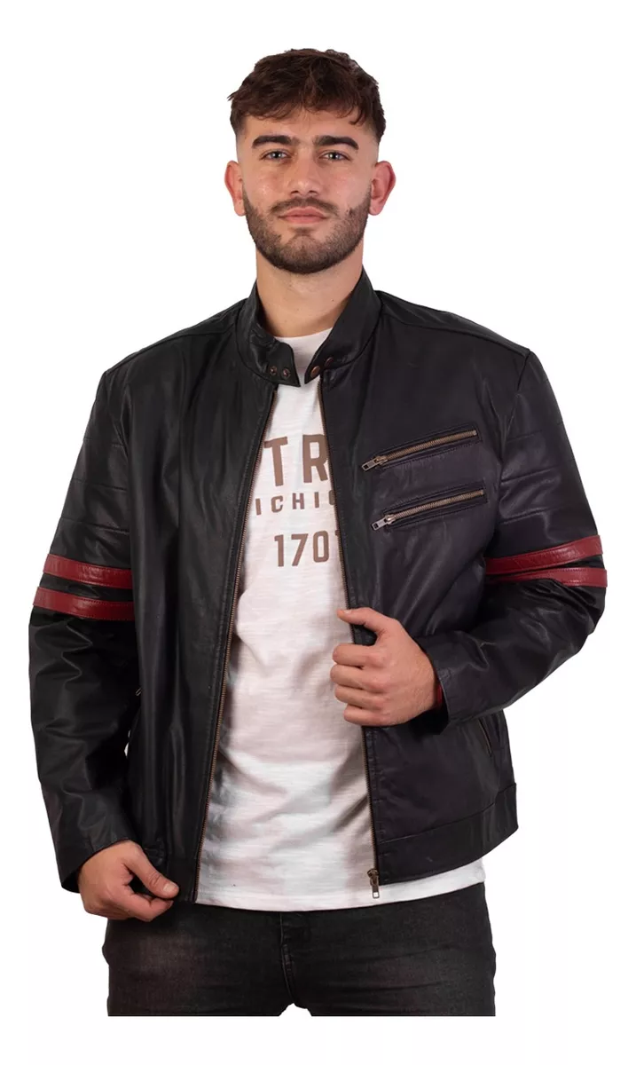 Campera De Cuero De Vaca Hombre, Cuero Vacuno 100% Moto Raya