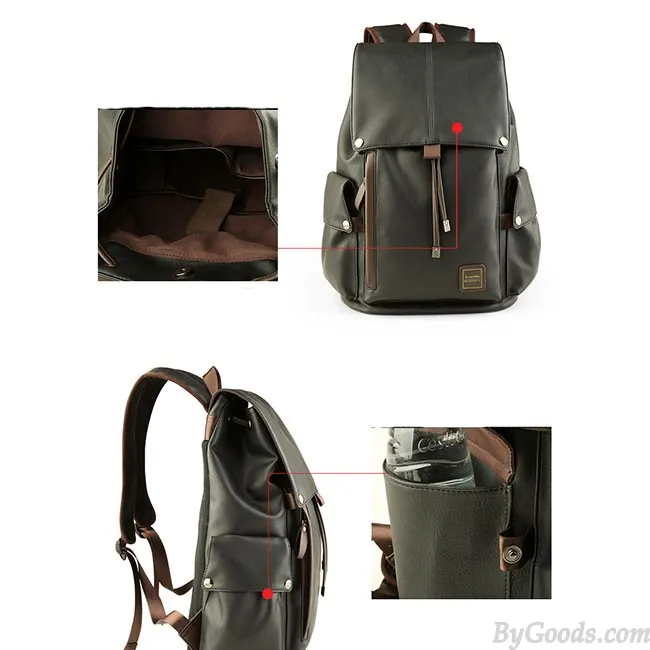 Leisure Men's PU Leather Draw String Large School Bag With USB Interface Capacity Flap Hiking Backpack