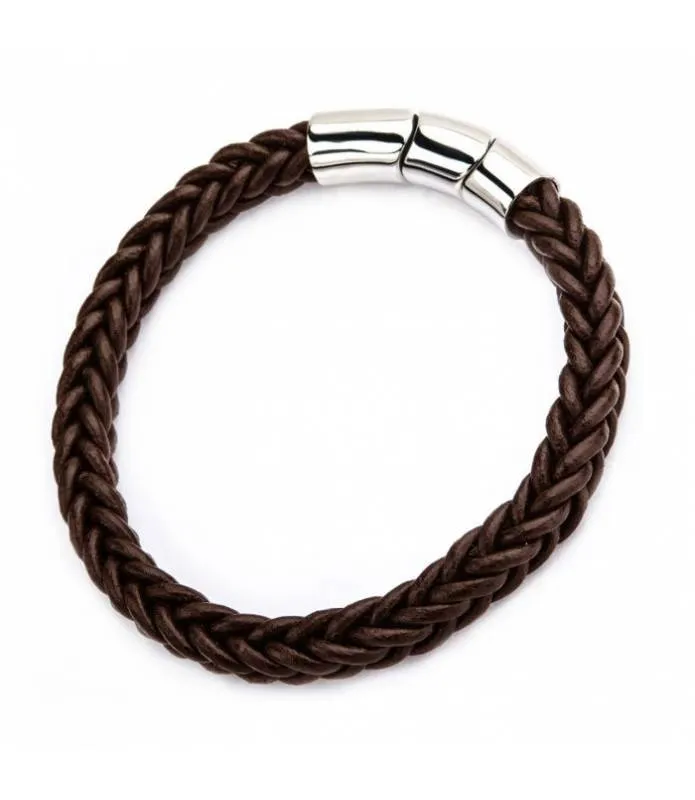 Pulsera cuero marrón trenzado con cierre magnético Inox BRL0242