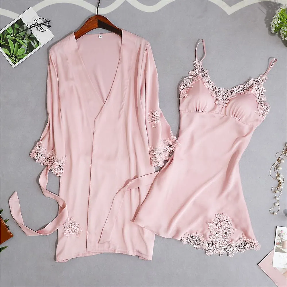 Robe Gown Sets Women Summer Lace Silk Dress Leisure Elegant 2pcs Sleep Lounge Robe Sleepwear Womens Nightdress Soft Bathrobe New