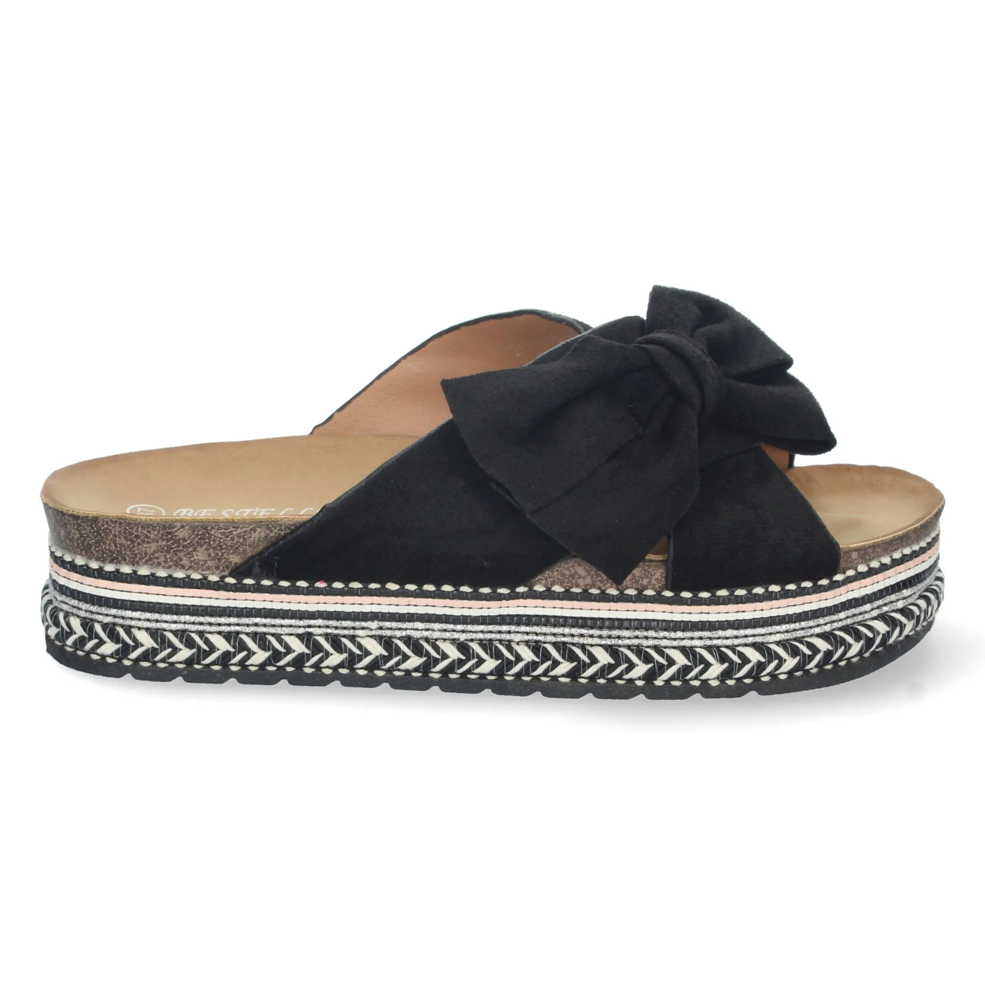 Sandalias plana cómoda diseño étnico pala trenzada mujer negro 20-376