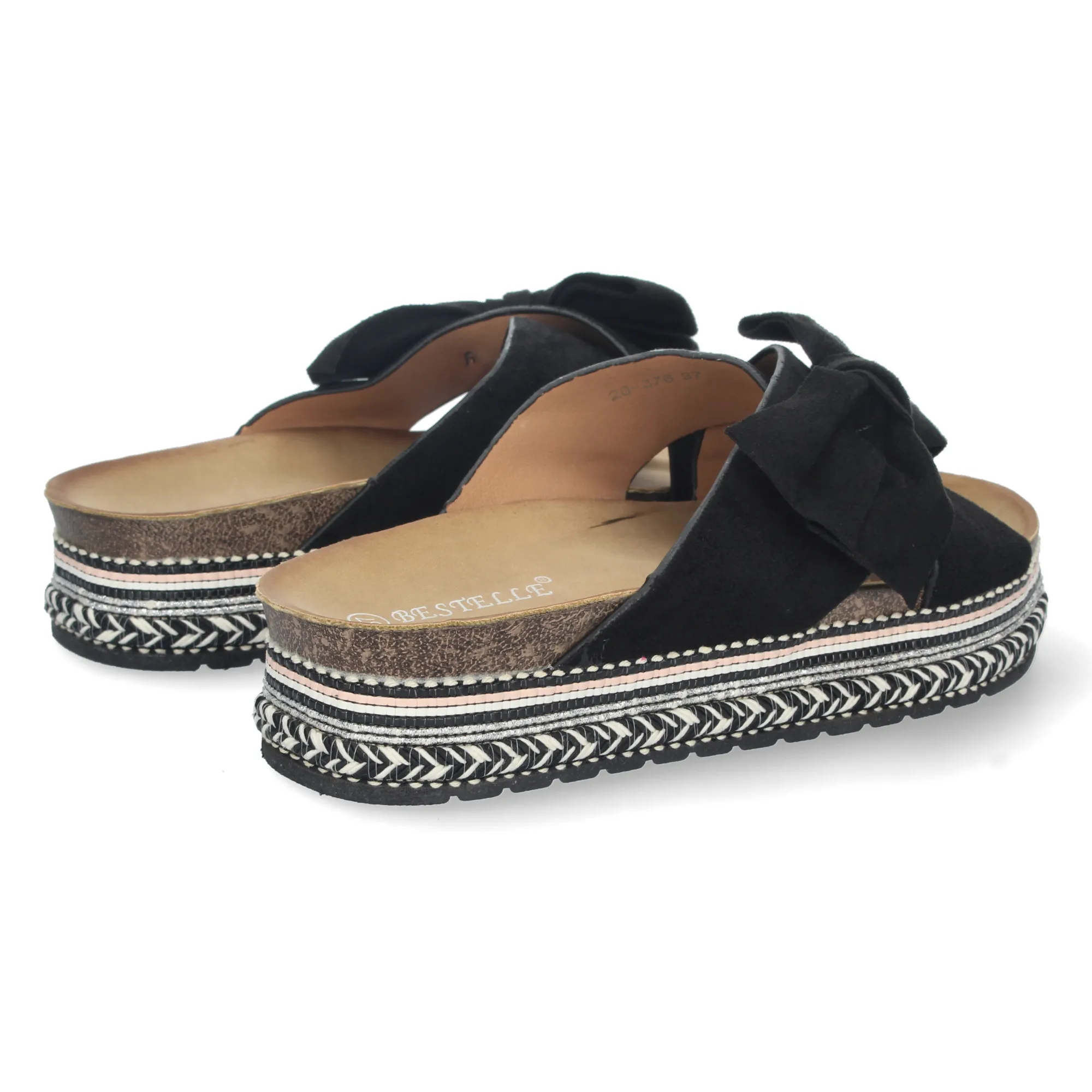 Sandalias plana cómoda diseño étnico pala trenzada mujer negro 20-376