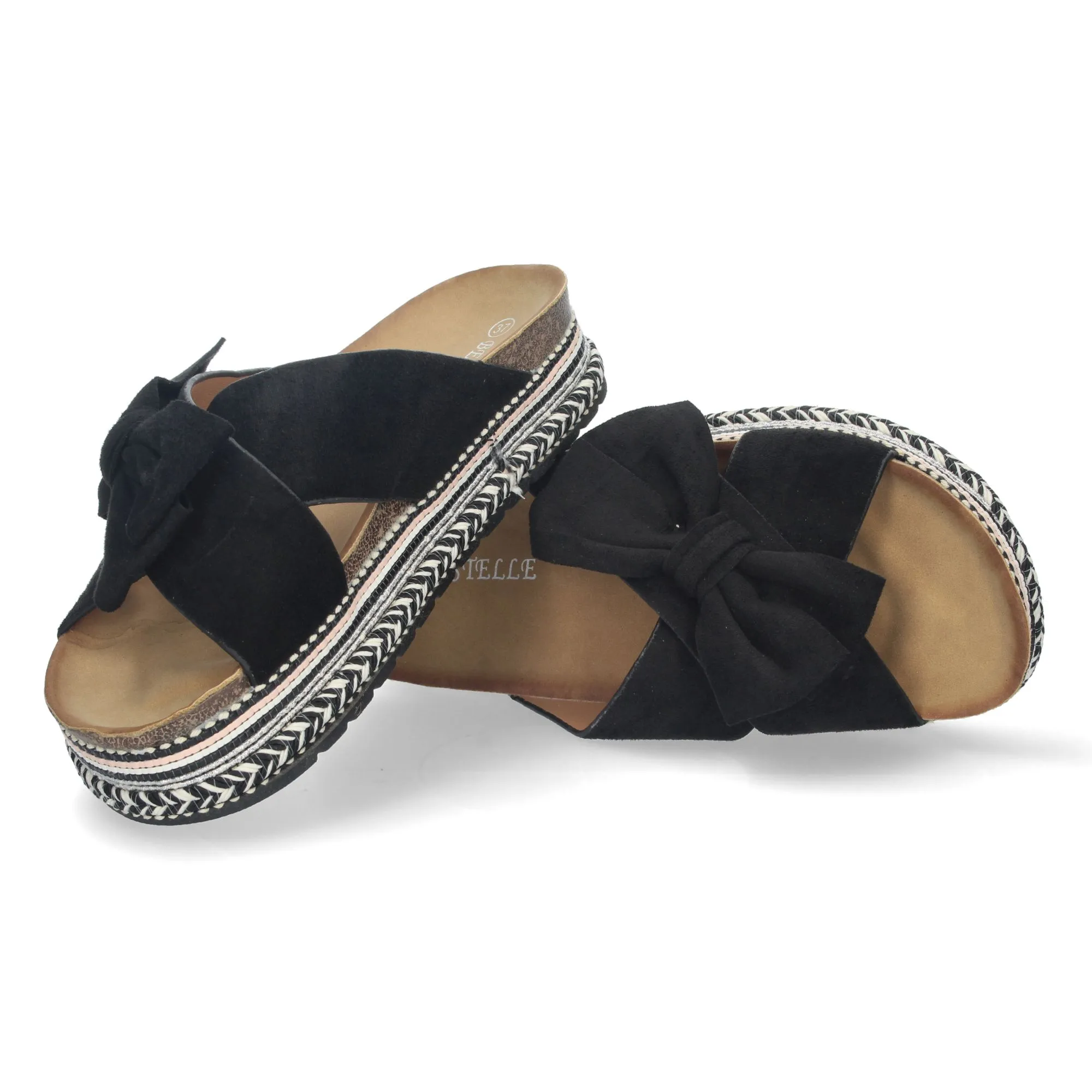 Sandalias plana cómoda diseño étnico pala trenzada mujer negro 20-376